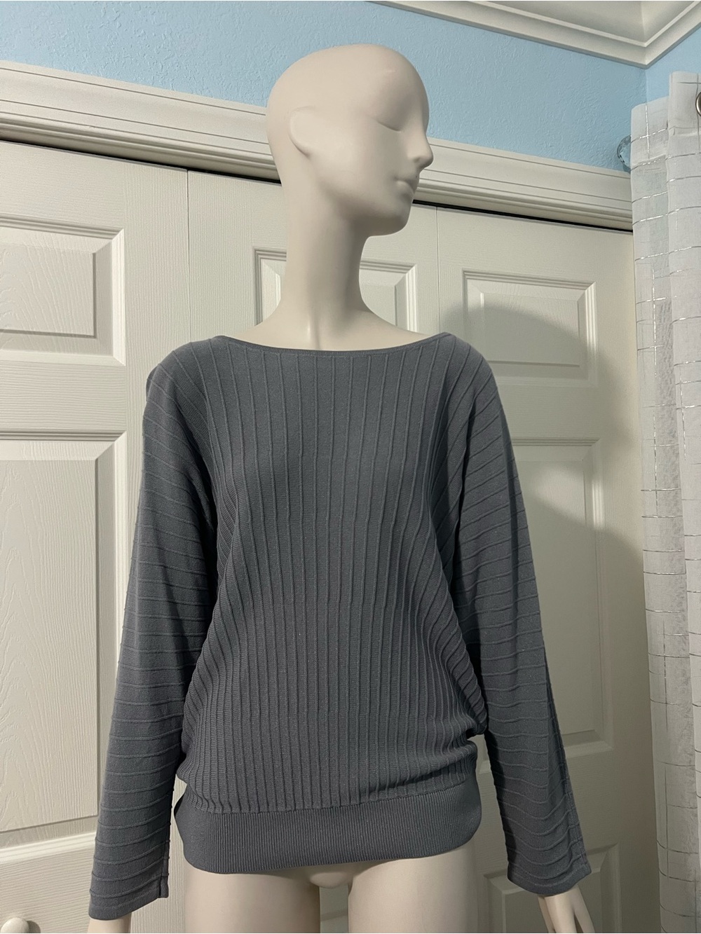 Donna Karan Gray Ribbed Boatneck Sweater